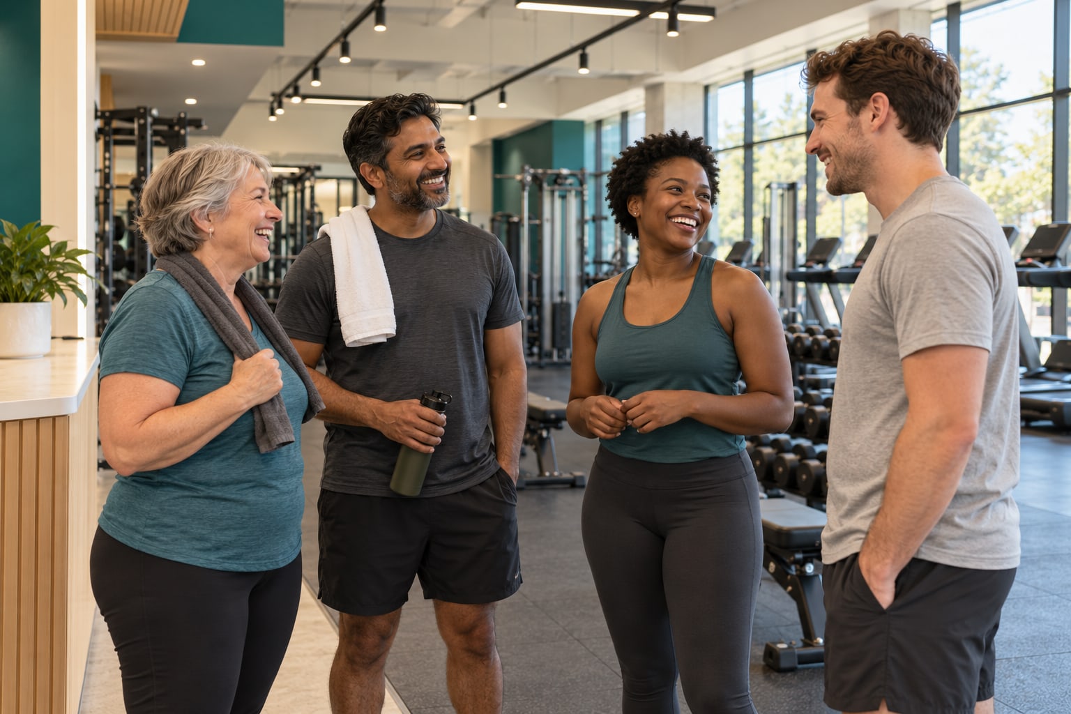 Four gym members of different ages laughing and talking together after training, with the gym floor behind them