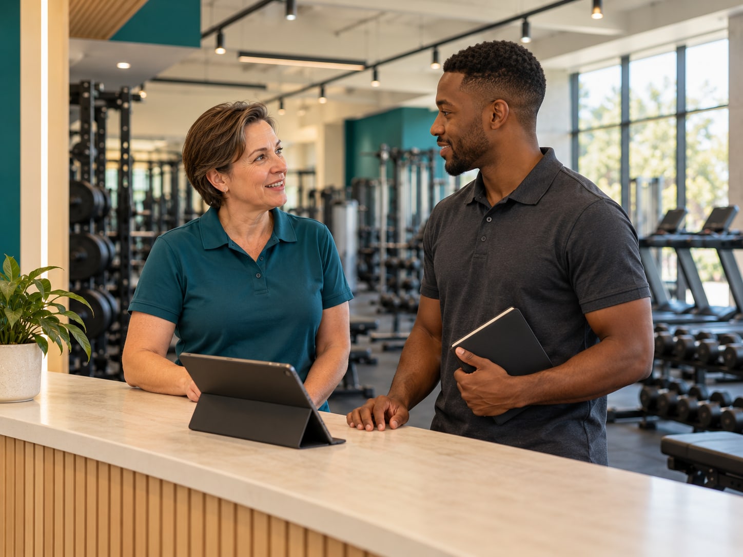Two gym team colleagues discussing a shift handover at reception, with a tablet on the counter